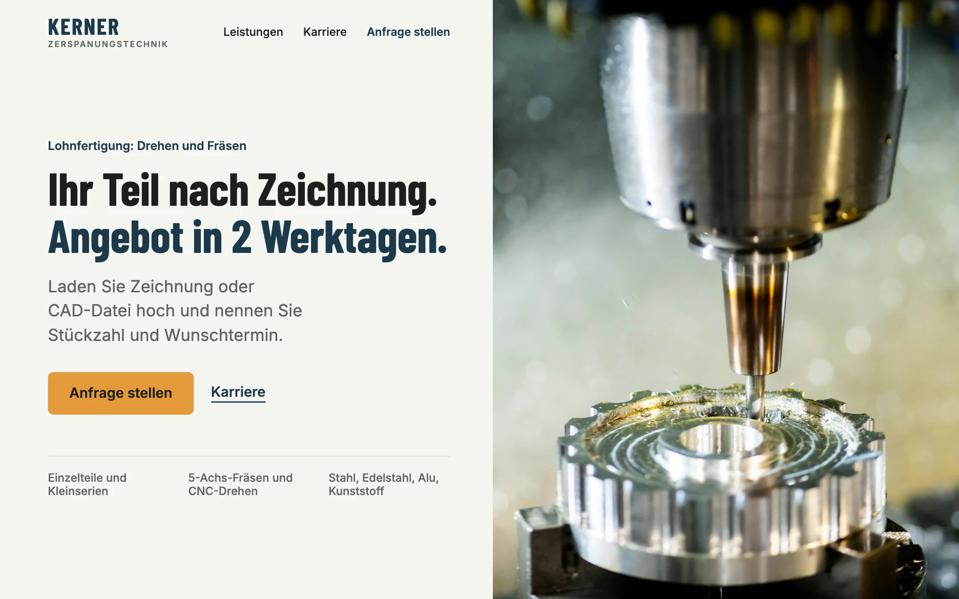 Beispiel für den oberen Bereich einer Webseite eines Zerspanungsbetriebs, Desktop-Ansicht