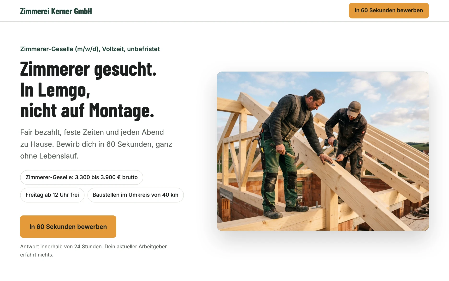Karriereseite der Zimmerei Kerner (Beispiel), Desktop-Ansicht