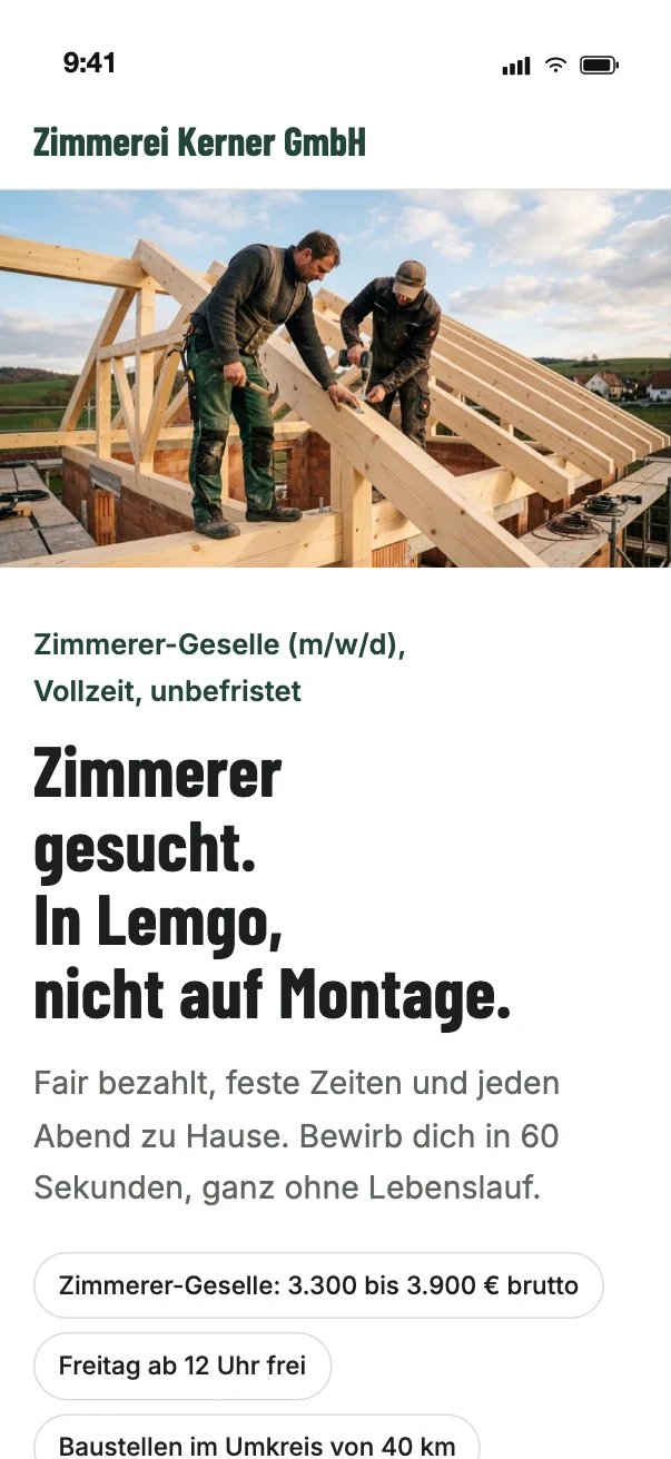 Karriereseite der Zimmerei Kerner (Beispiel) auf dem Handy