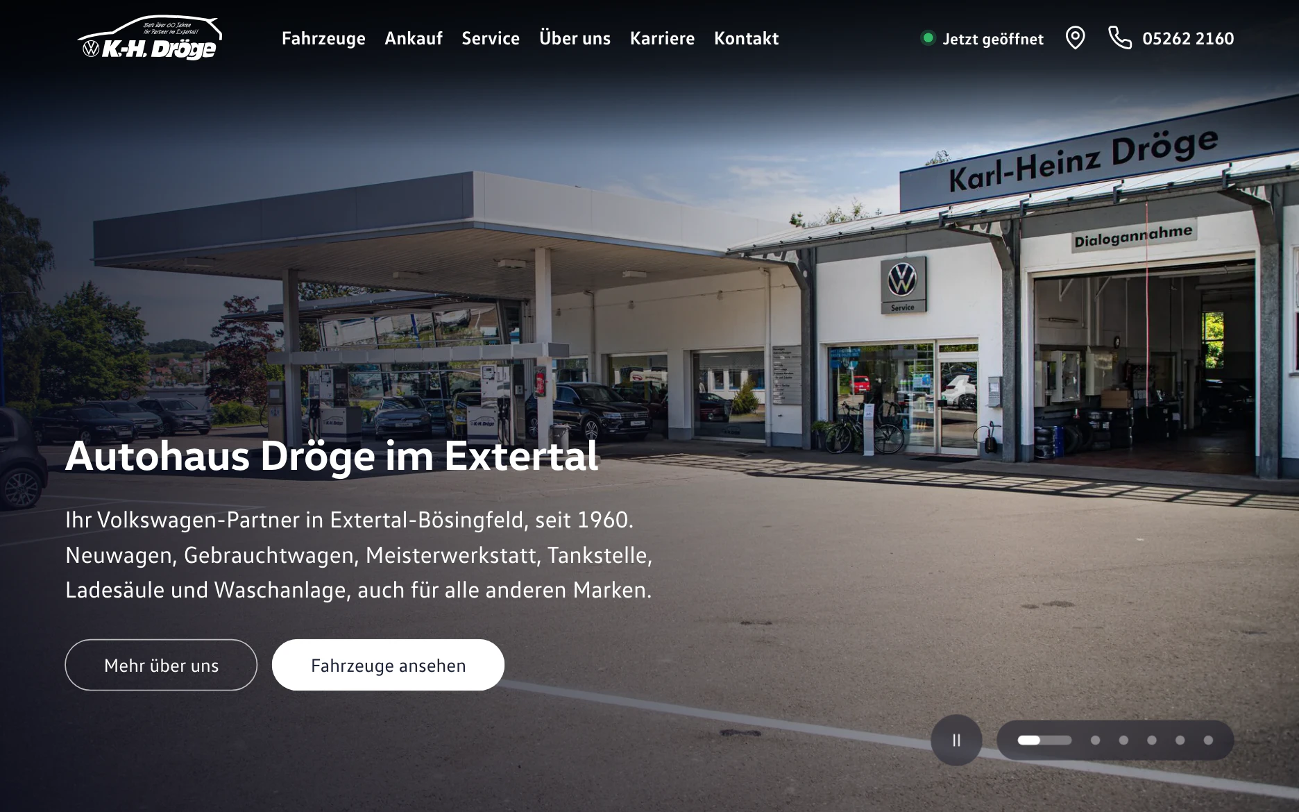 Webseite des Autohauses Dröge (Kundenprojekt, Umsetzung extern beauftragt), Desktop-Ansicht