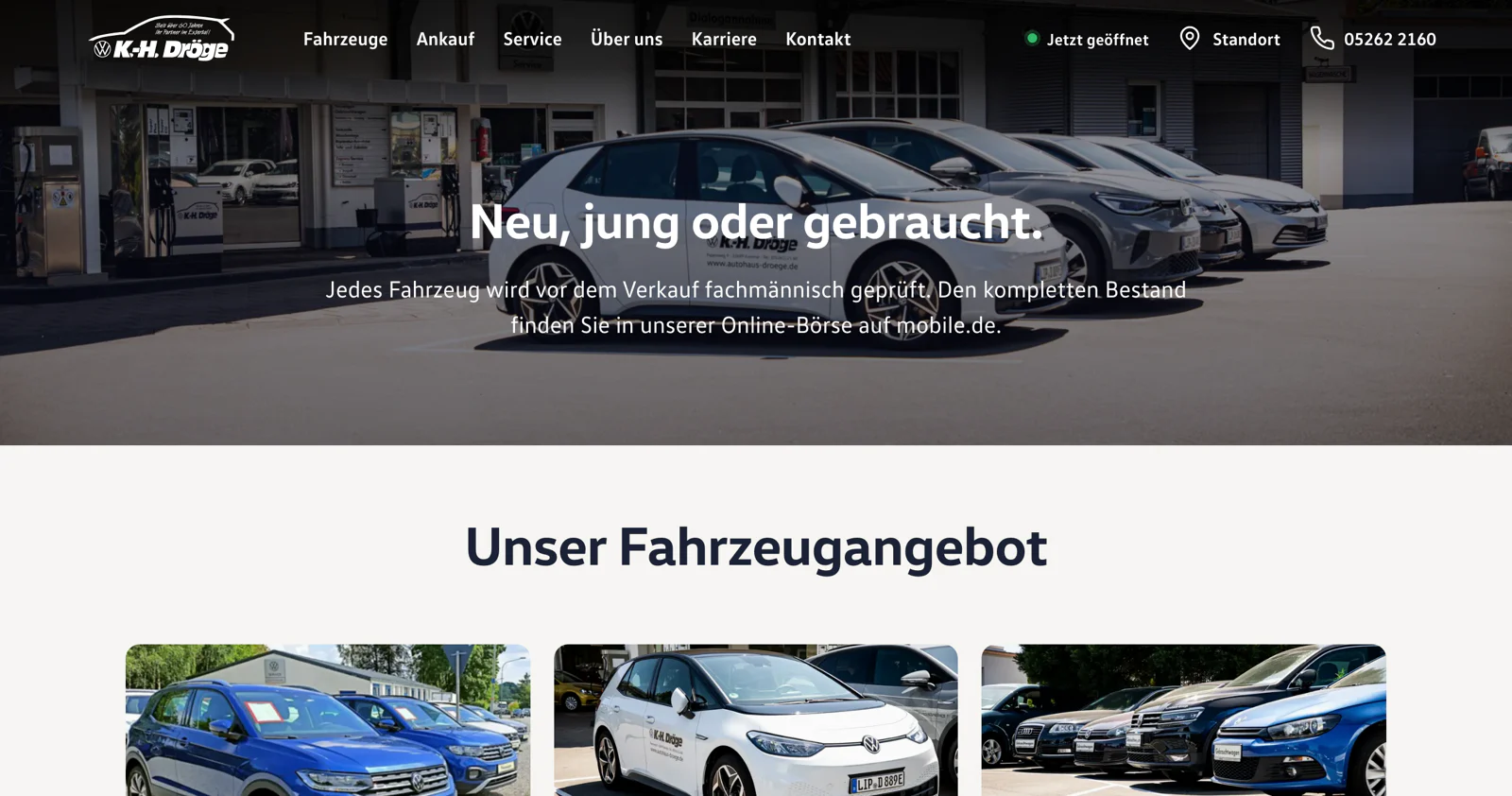 Seite „Fahrzeuge“ des Autohauses Dröge nach dem Umbau