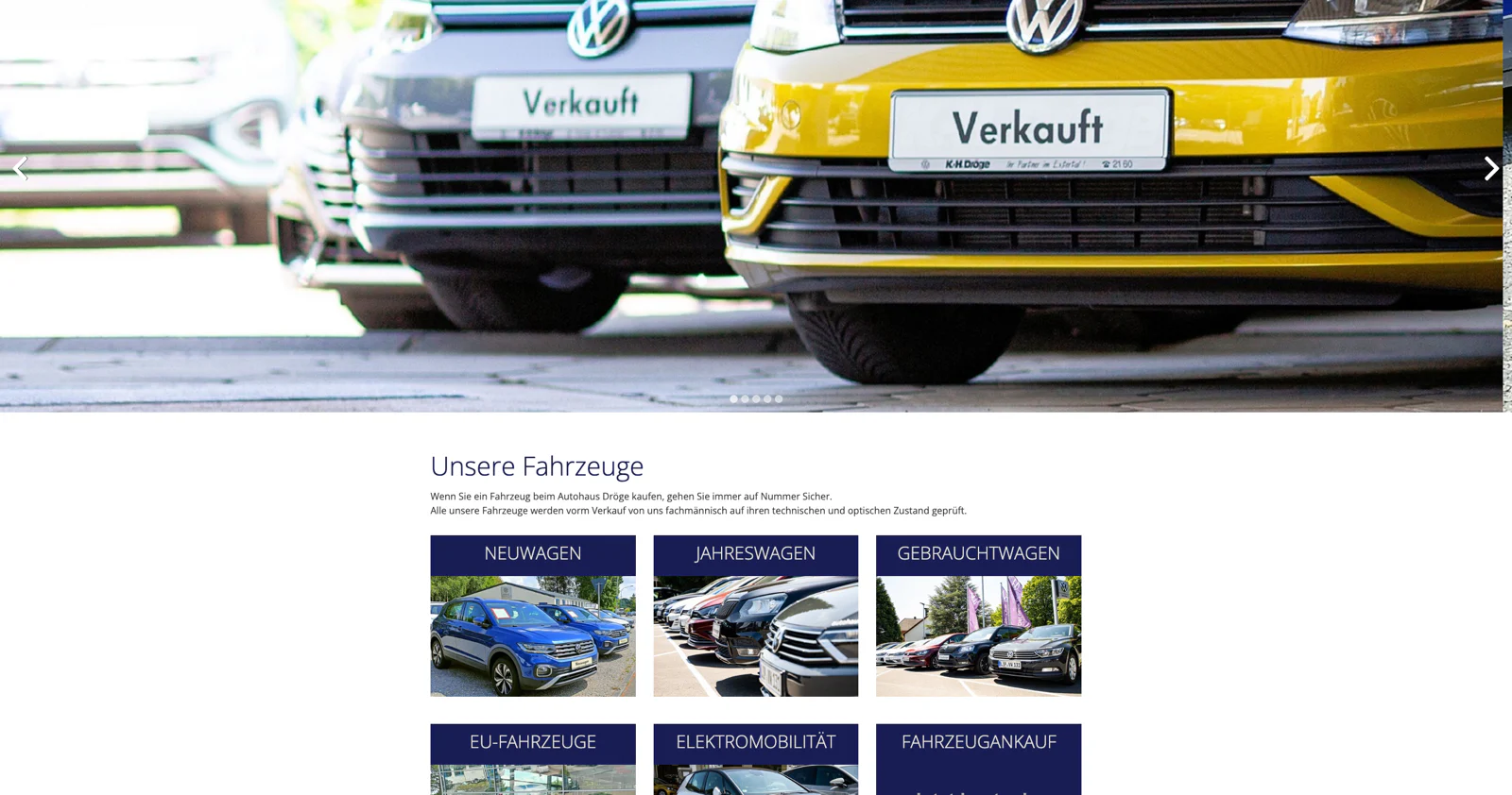 Seite „Fahrzeuge“ des Autohauses Dröge vor dem Umbau
