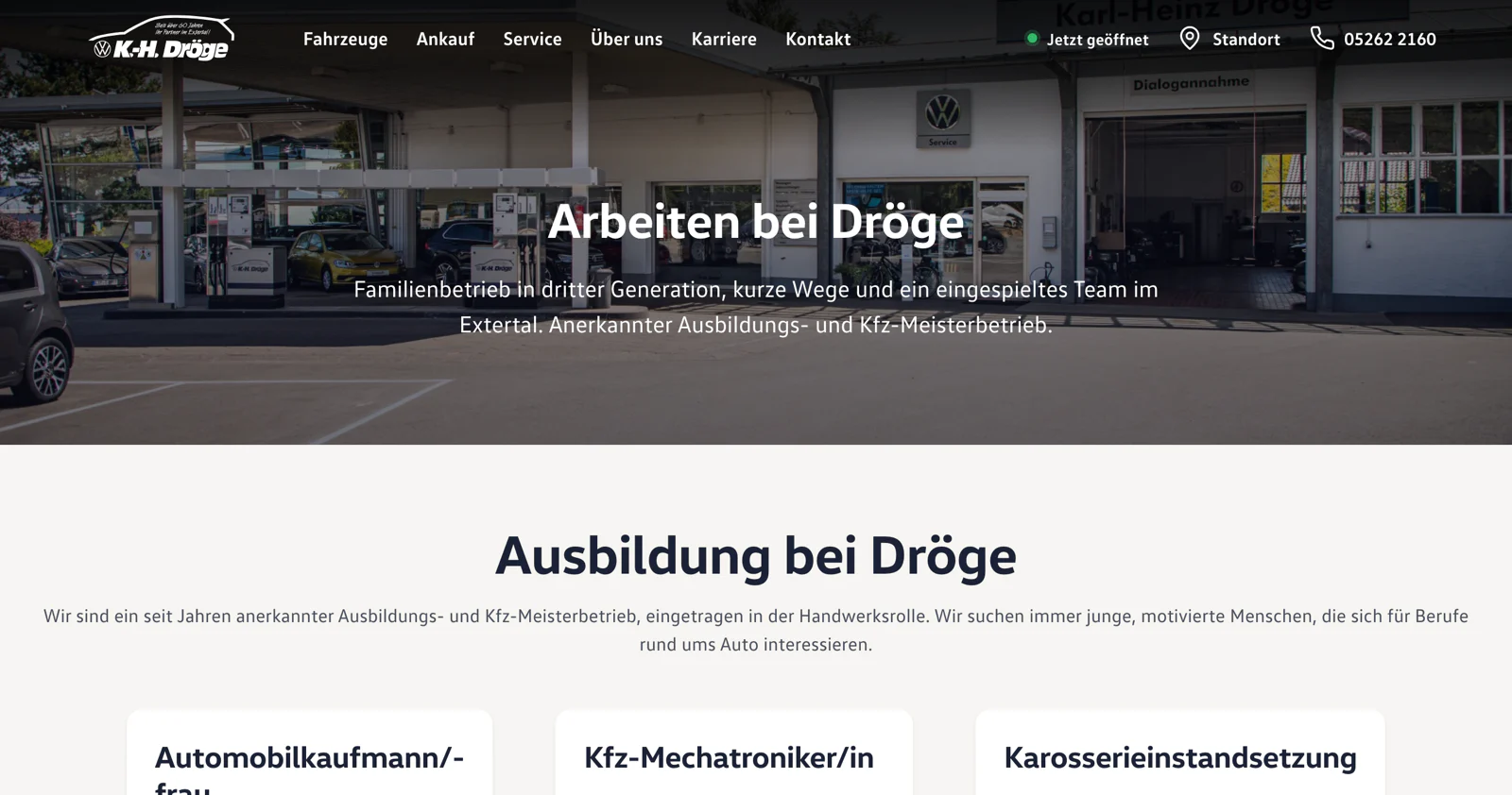 Seite „Karriere“ des Autohauses Dröge nach dem Umbau