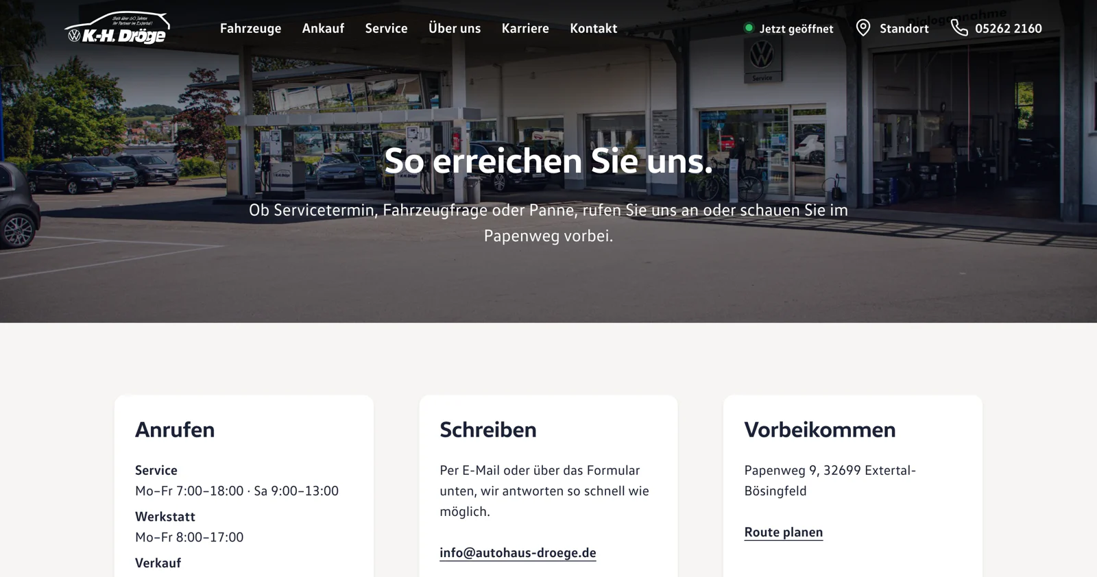 Seite „Kontakt“ des Autohauses Dröge nach dem Umbau