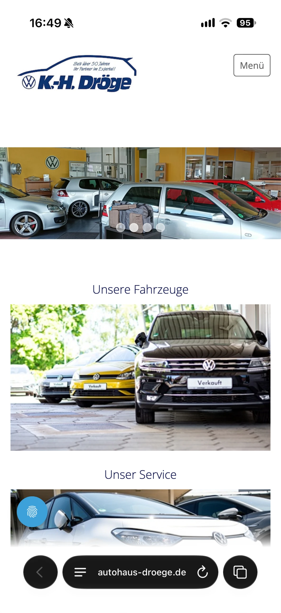 Startseite des Autohauses Dröge auf dem Handy vor dem Umbau